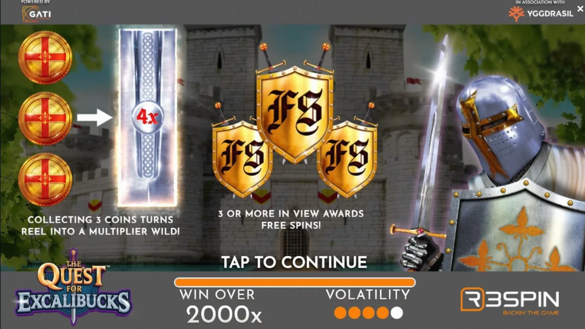 The Quest for Excalibucks slot machine medieval theme interface