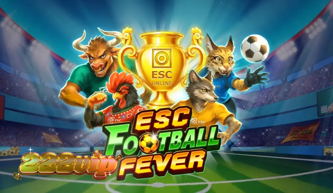 The vibrant stadium interface of ESC Football Fever slot featuring trophy symbols and green pitch background.